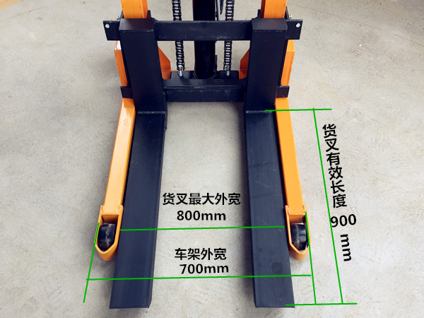 手動液壓裝卸車貨叉尺寸詳細標注圖--河北東圣吊索具制造有限公司--石材夾具_小型攪拌機_手動叉車_液壓堆高車